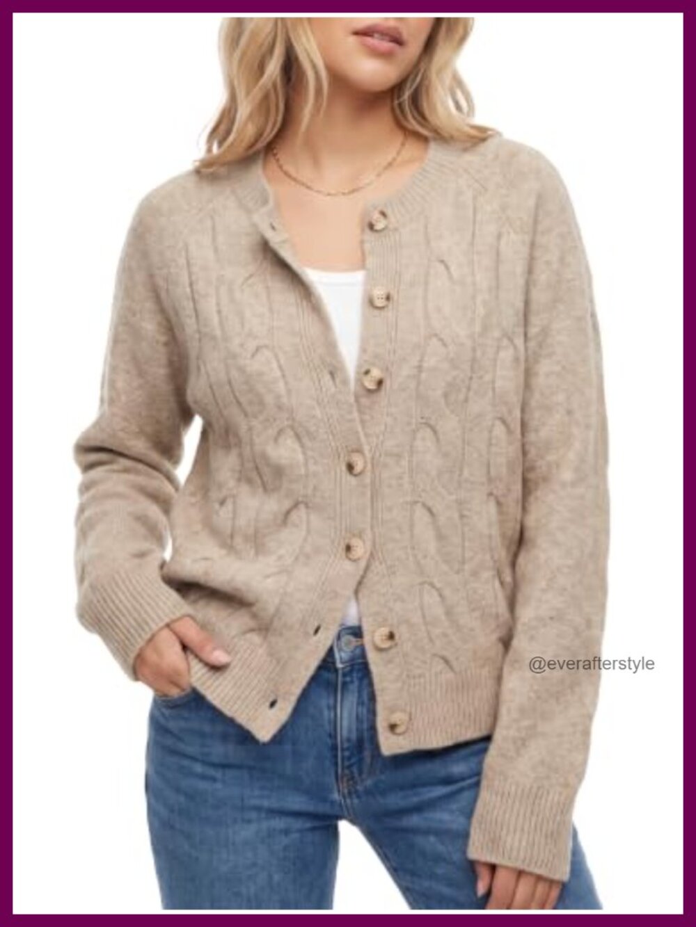 Womens Cable Knit Cardigan Crewneck Button Up Loose Sweater